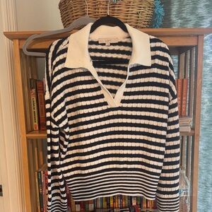 LOFT Black and White Striped V-Neck Collared Sweater
